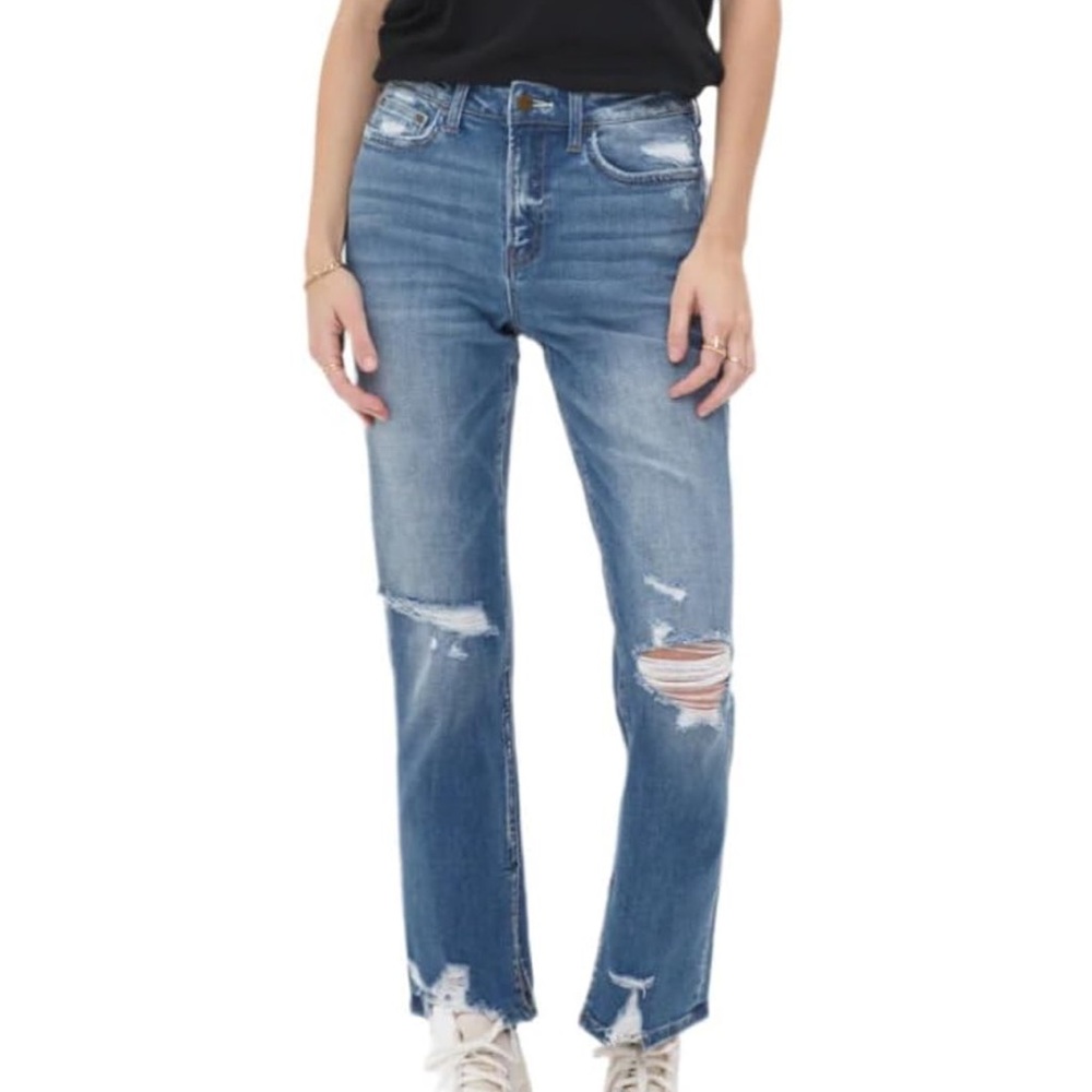 Mica Denim Under the Table‎ Medium Wash Distressed Straight Leg Jeans Womens 26